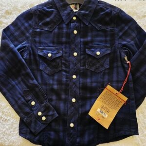 NWT True Religion Little Boys' Button-Down Flannel Shirt S Blue, Pearl Snap